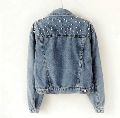 2021 Fast Delivery New Summer Fashion Women’s Denim Jacket Full Sleeve Loose Button Pearls Short Lapel Wild Leisure