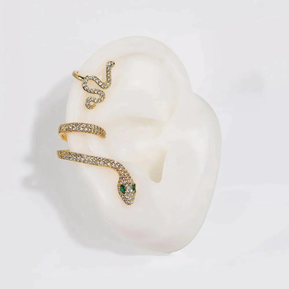 Three-Dimensional Animal Ear Clip Zircon Gold Snake Earrings