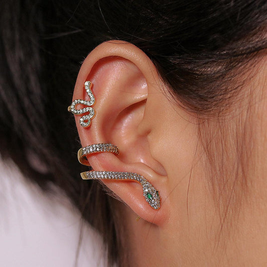Three-Dimensional Animal Ear Clip Zircon Gold Snake Earrings